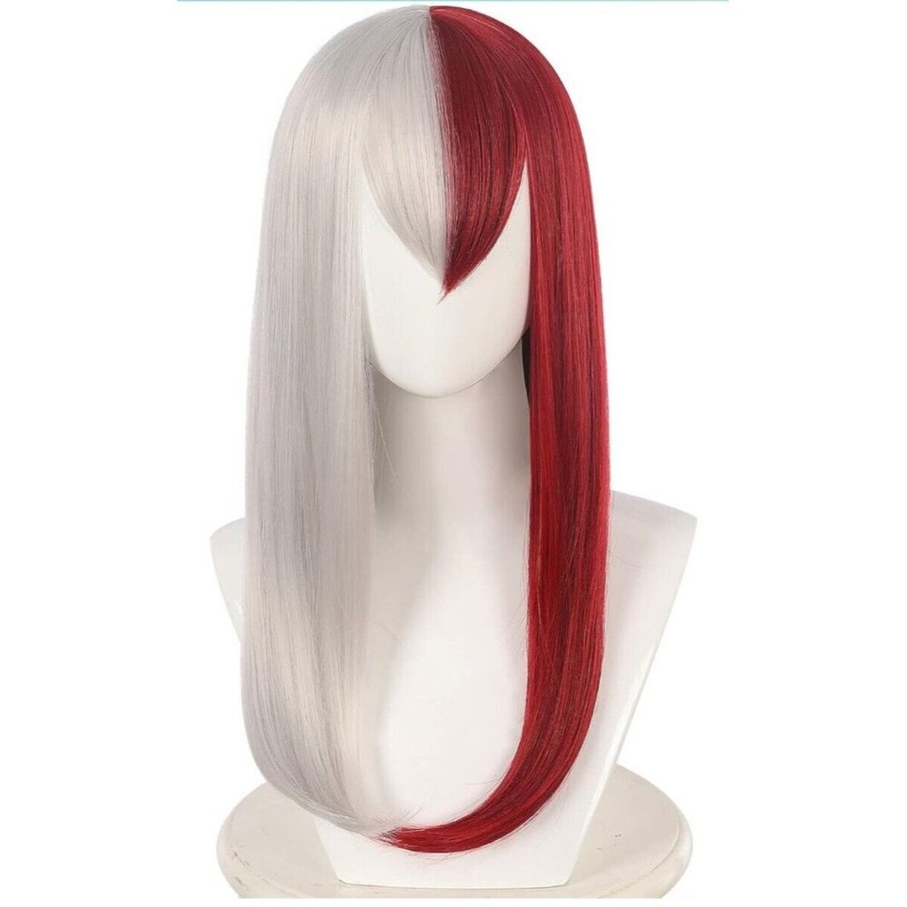 Half Grey Red Anime Cosplay Wig, Short Fluffy Straight Wigs, Halloween...